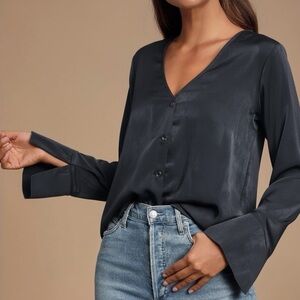 LULUS || Adilene Long Sleeve Button Up Top in Navy Blue - SZ XS ✨NEW W/ TAGS✨